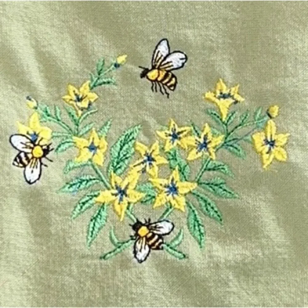 Upcycled Set of 3 Sage Cotton Floral Embroidered Napkins with Cream Trim